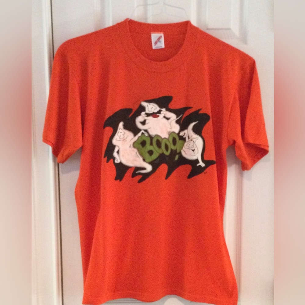 Jerzees Adult Size XLarge Vintage Handpainted Orange 'Boo' Ghost Graphic T-Shirt
